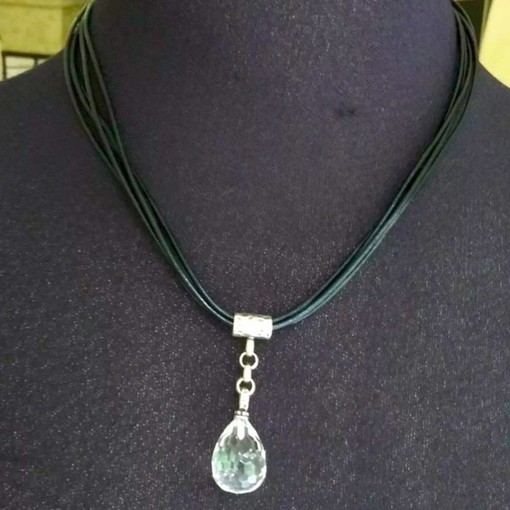 Silpada Necklace Five strand black leather cord with crystal ball drop pendant.